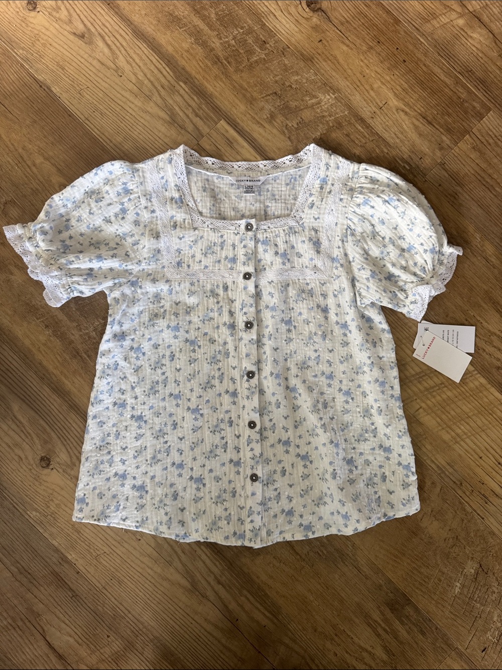 Lucky Brand Floral White Cotton Button Up Short Sleeve Blouse Kids Sz L (14/16)